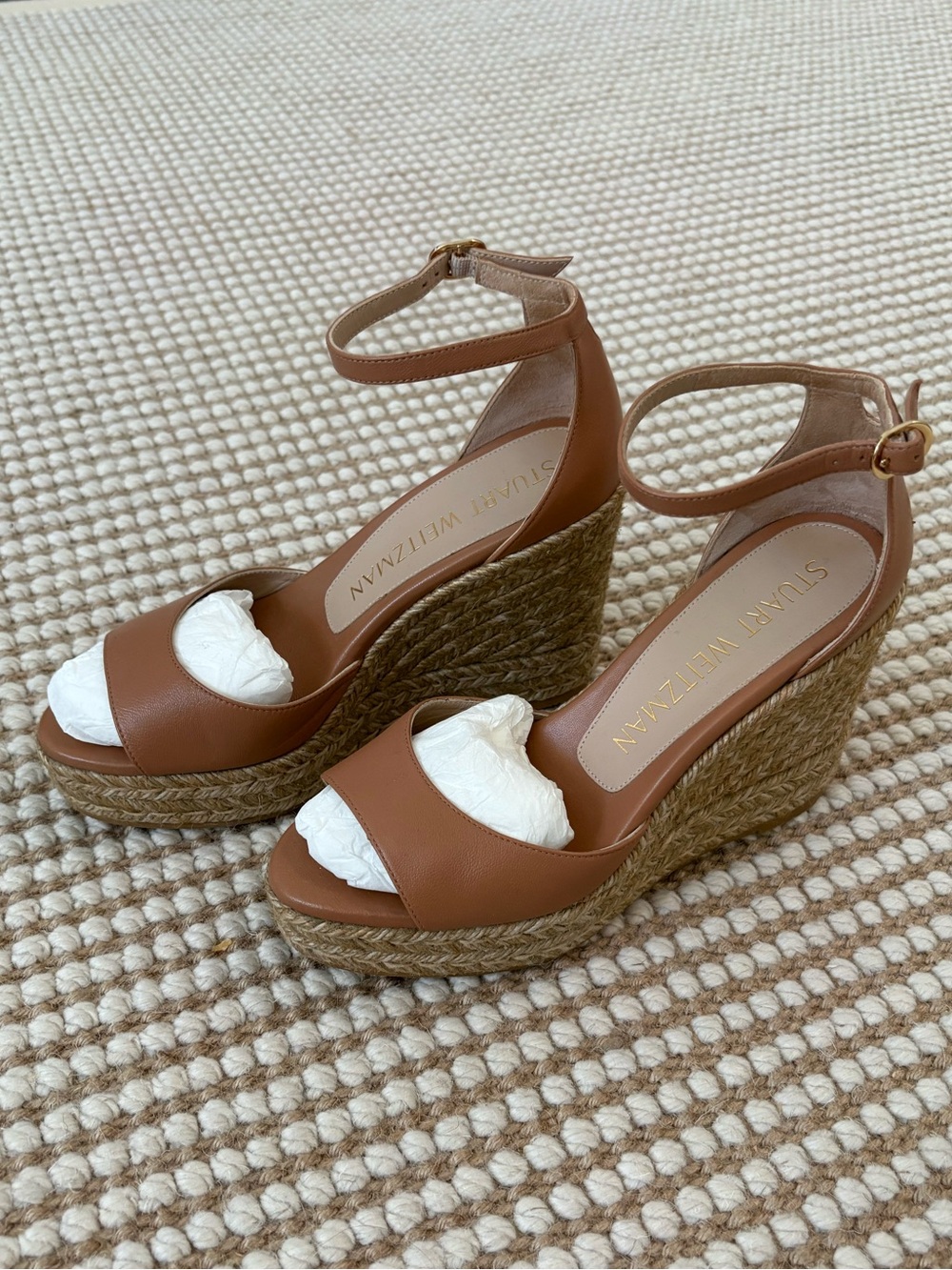 Stuart Weitzman Brown Leather Espadrille Wedge Sandals EUC